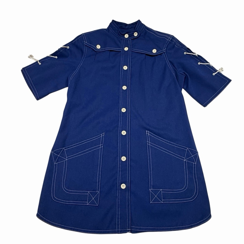 Utility Chore Shirt Jacket Blue White Lace-Up Sleeves Contrast Stitch Medium Vtg